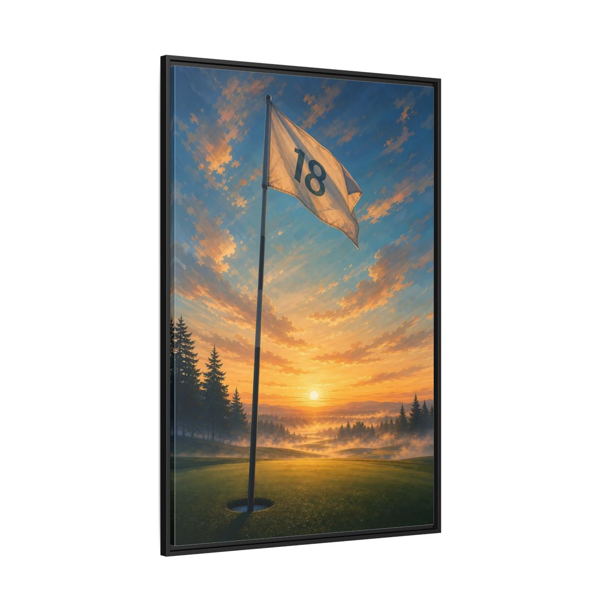 Side Mockup 12. Sports Golf Flag Sunset Golf Scene shown as framed canvas print
