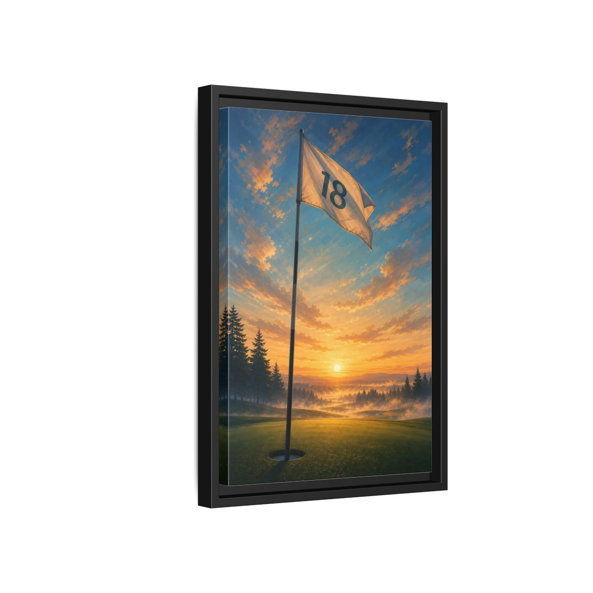Side Mockup 6. Sports Golf Flag Sunset Golf Scene shown as framed canvas print