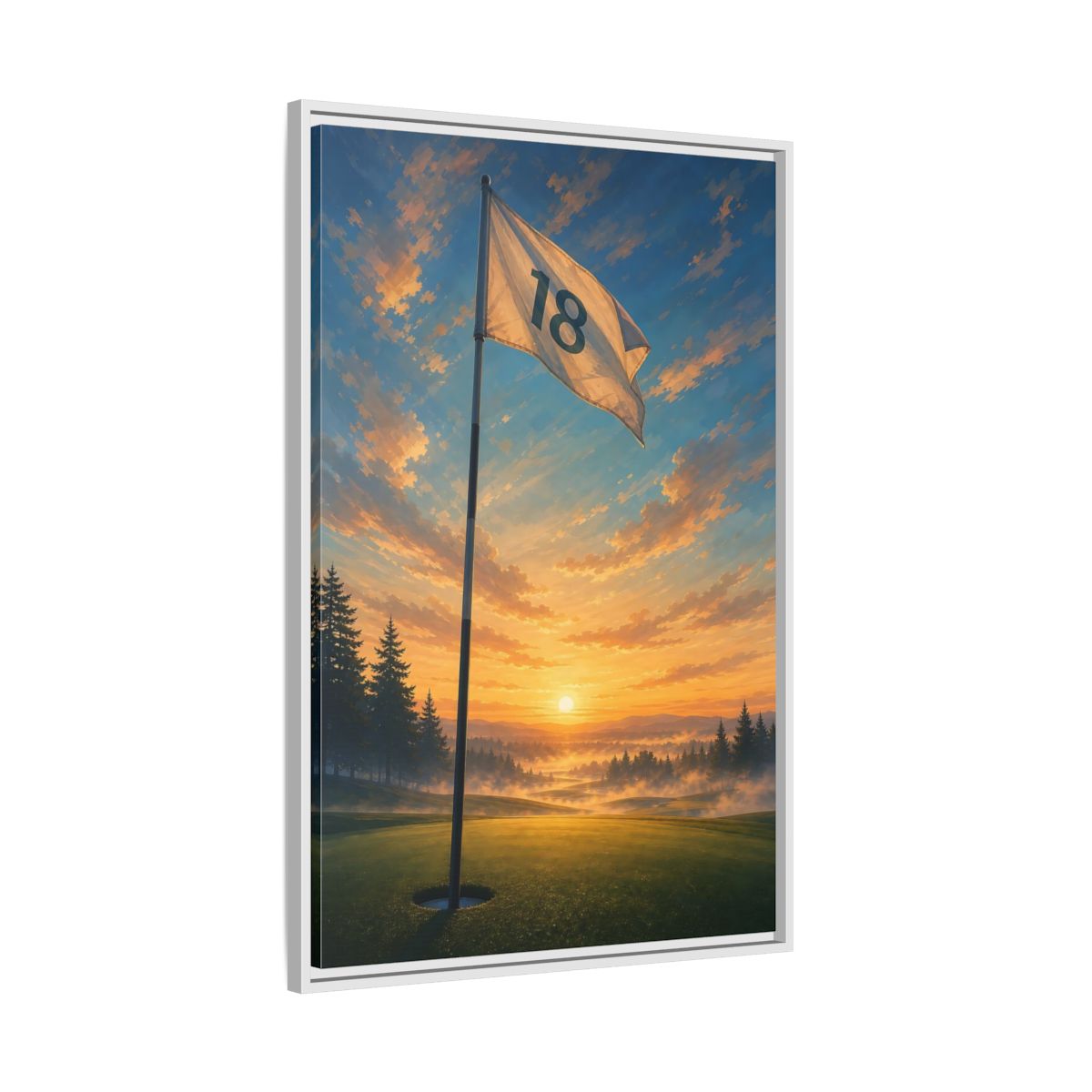 Side Mockup 9. Sports Golf Flag Sunset Golf Scene shown as framed canvas print