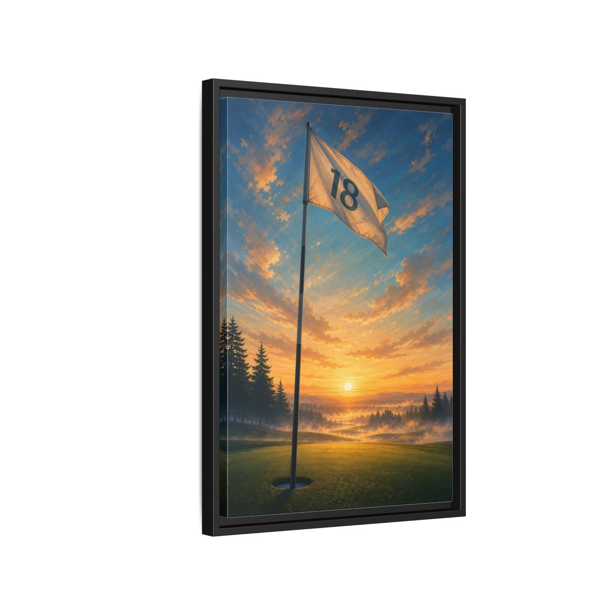 Side Mockup 3. Sports Golf Flag Sunset Golf Scene shown as framed canvas print