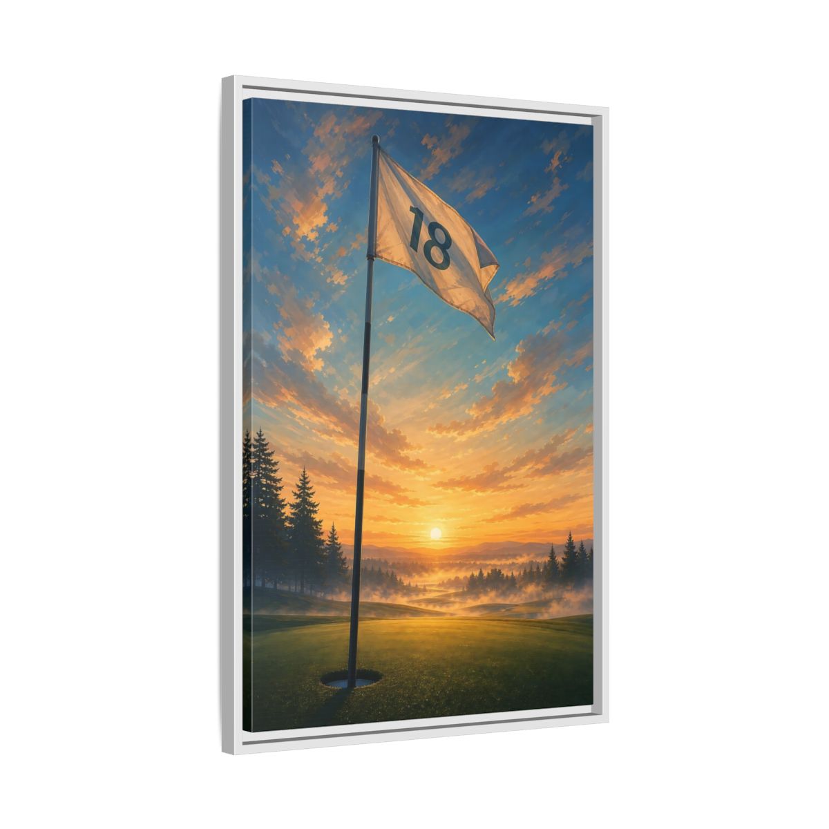 Side Mockup 10. Sports Golf Flag Sunset Golf Scene shown as framed canvas print