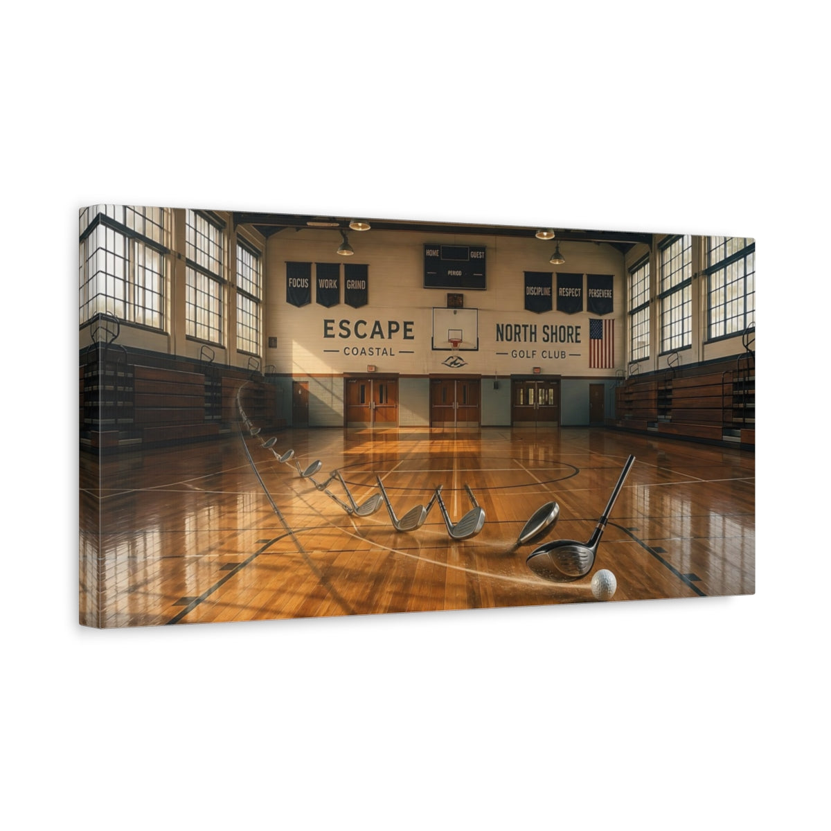 Side Mockup 3. Sports Golf Swing Sports Gym shown as canvas print
