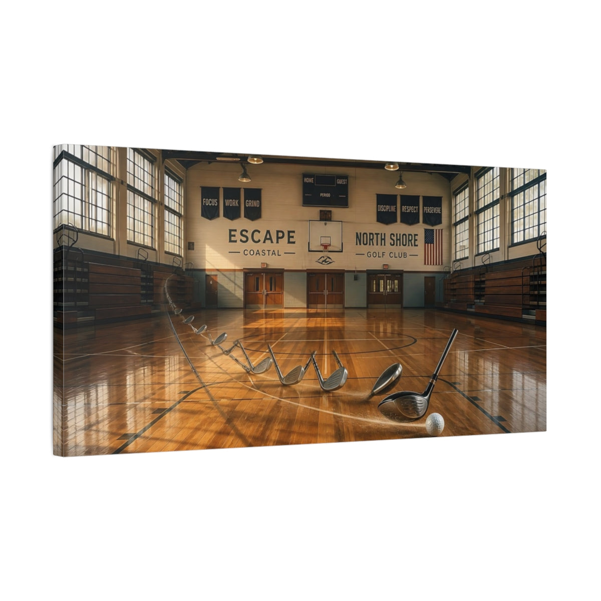 Side Mockup 1. Sports Golf Swing Sports Gym shown as canvas print