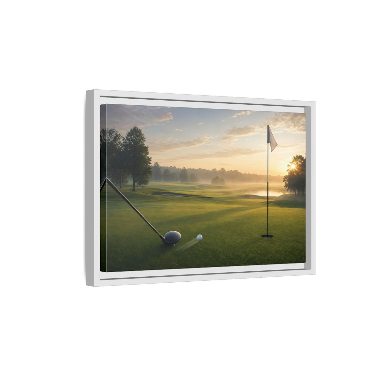 Side Mockup 4. Sports Golf Swing Misty Sunrise Golf shown as framed canvas print
