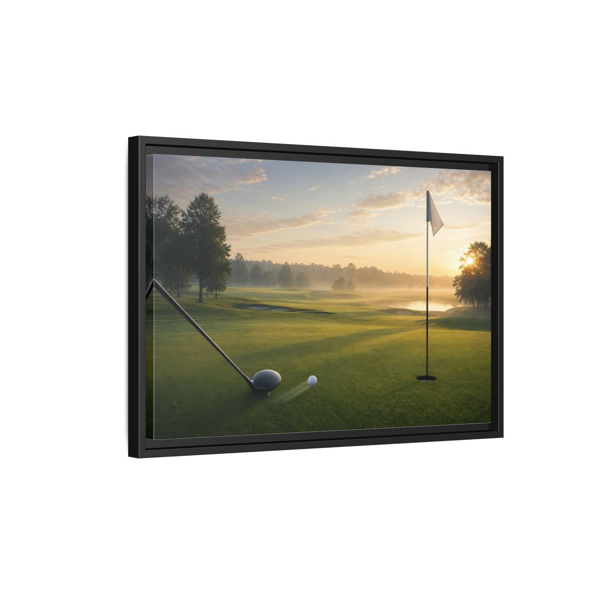 Side Mockup 3. Sports Golf Swing Misty Sunrise Golf shown as framed canvas print