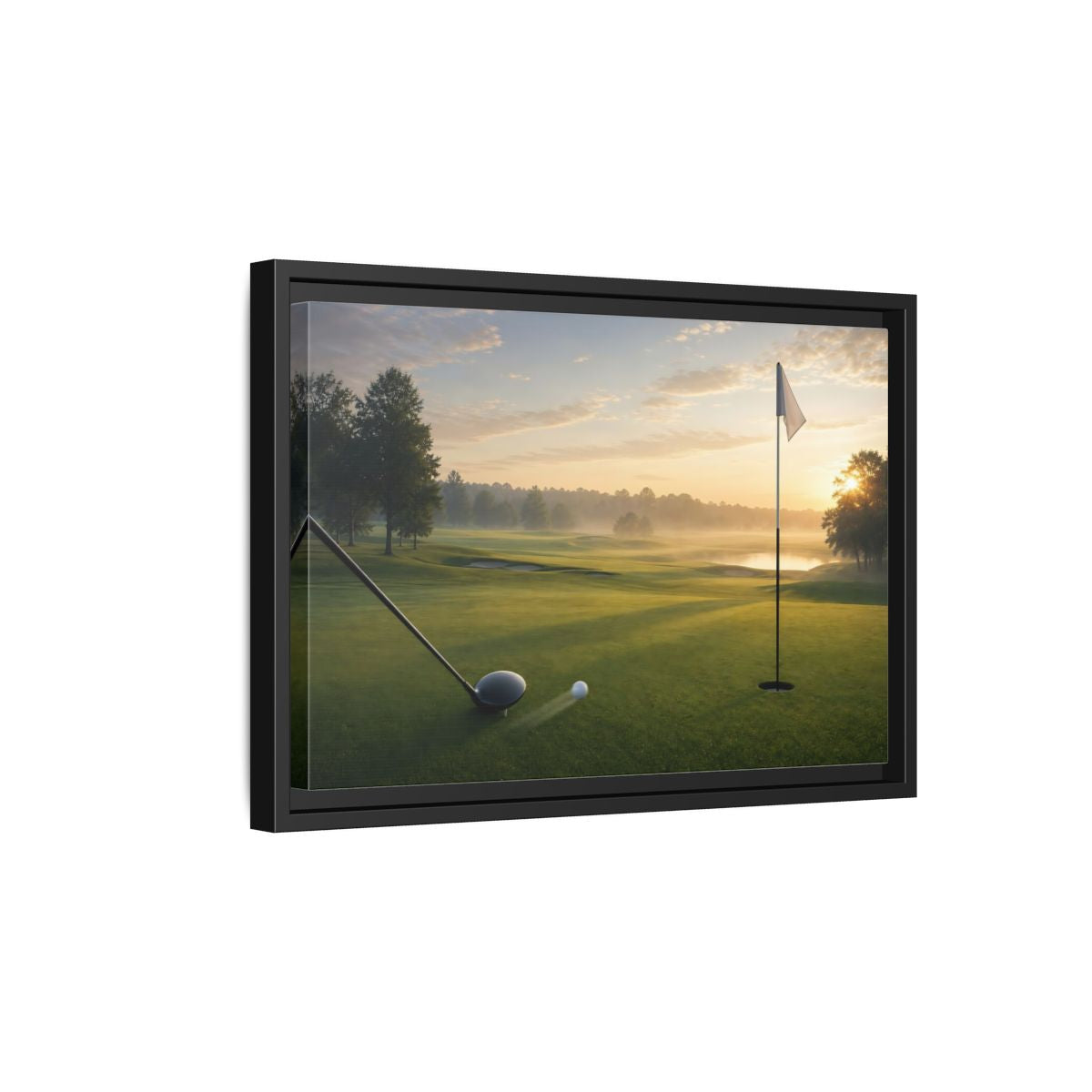 Side Mockup 6. Sports Golf Swing Misty Sunrise Golf shown as framed canvas print