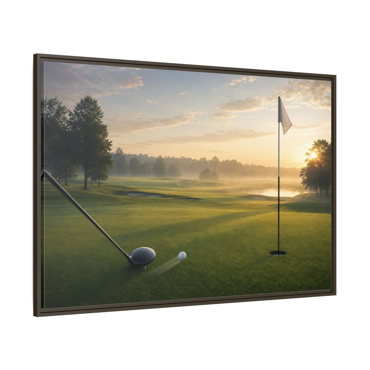 Side Mockup 8. Sports Golf Swing Misty Sunrise Golf shown as framed canvas print