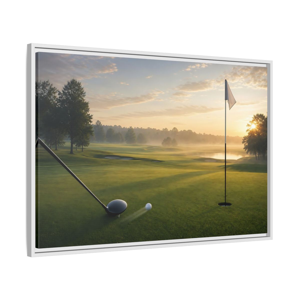 Side Mockup 9. Sports Golf Swing Misty Sunrise Golf shown as framed canvas print