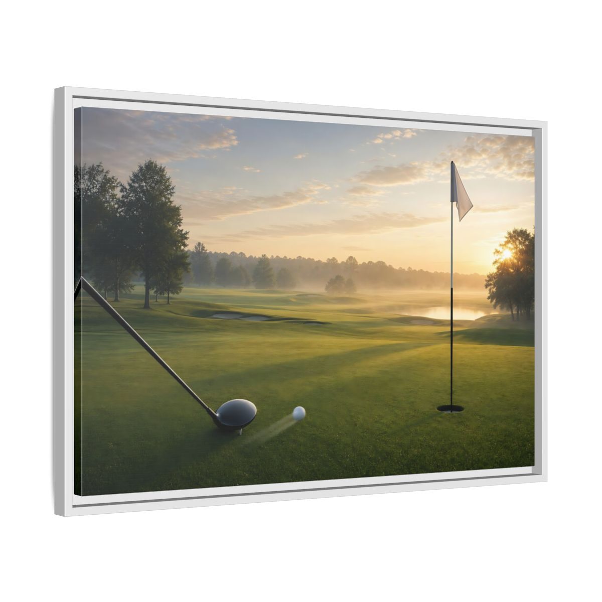 Side Mockup 10. Sports Golf Swing Misty Sunrise Golf shown as framed canvas print