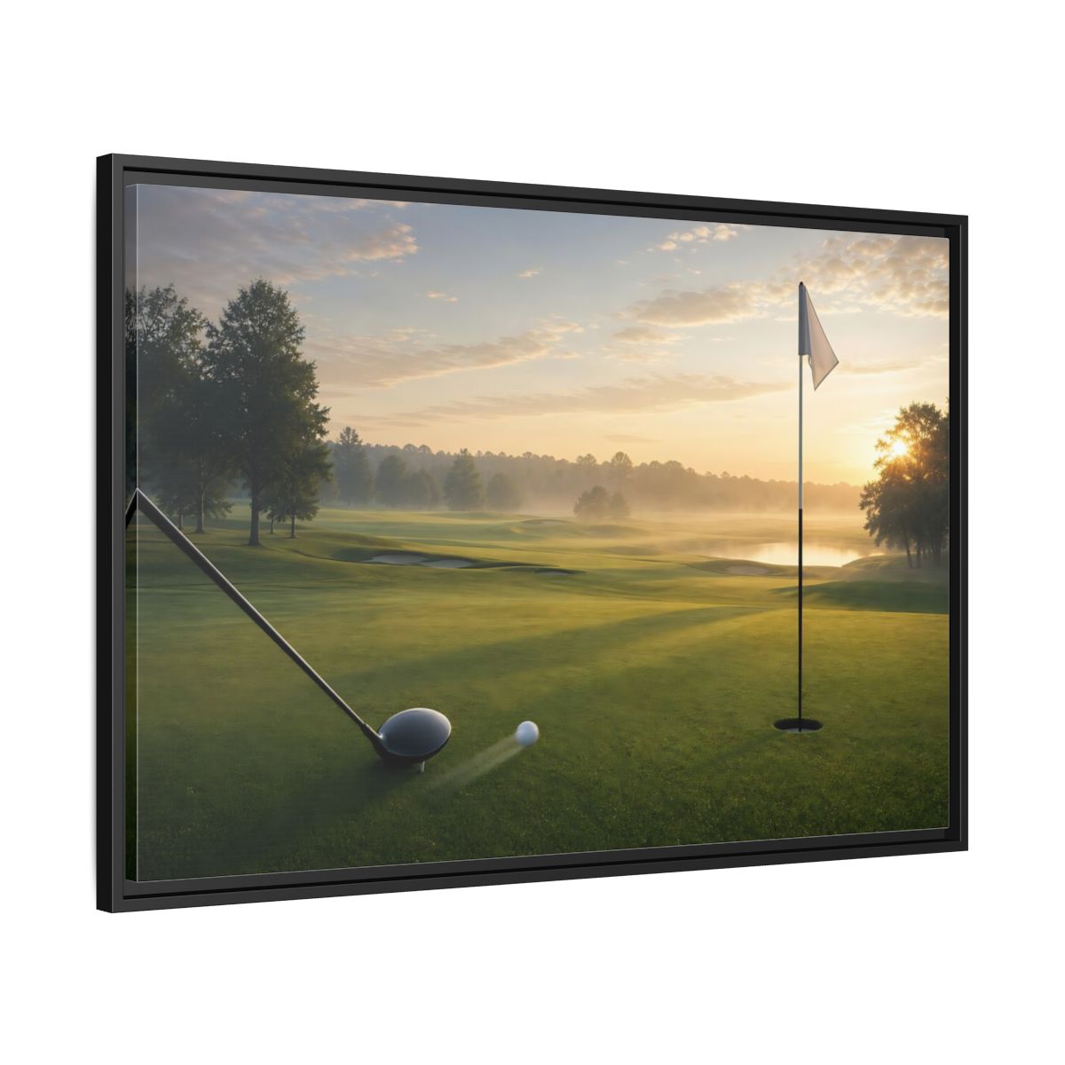 Side Mockup 13. Sports Golf Swing Misty Sunrise Golf shown as framed canvas print