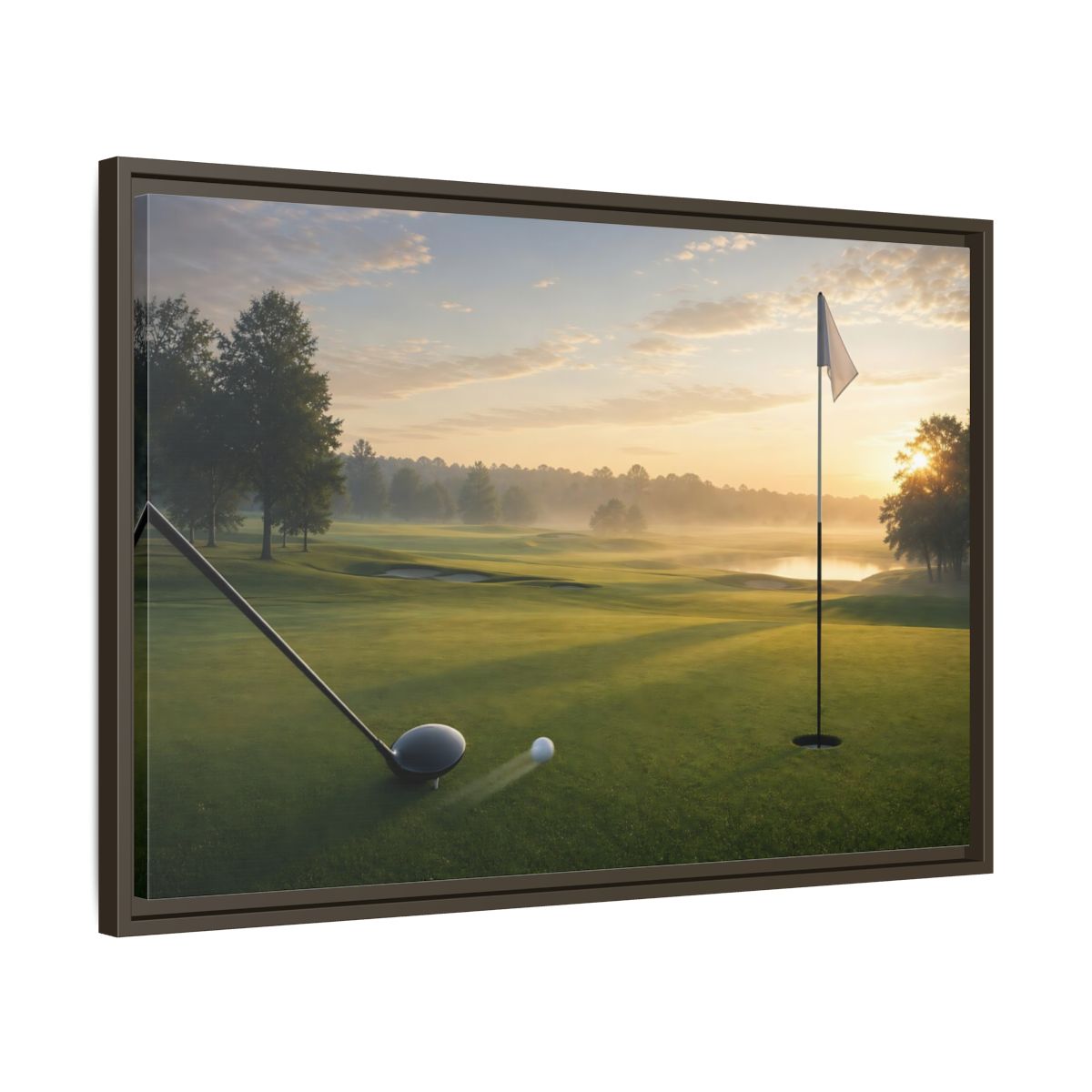 Side Mockup 11. Sports Golf Swing Misty Sunrise Golf shown as framed canvas print