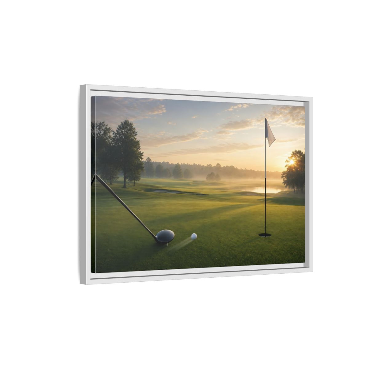 Side Mockup 1. Sports Golf Swing Misty Sunrise Golf shown as framed canvas print