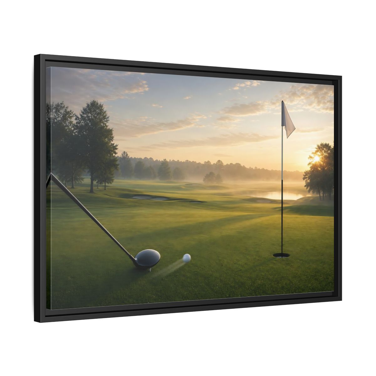 Side Mockup 14. Sports Golf Swing Misty Sunrise Golf shown as framed canvas print