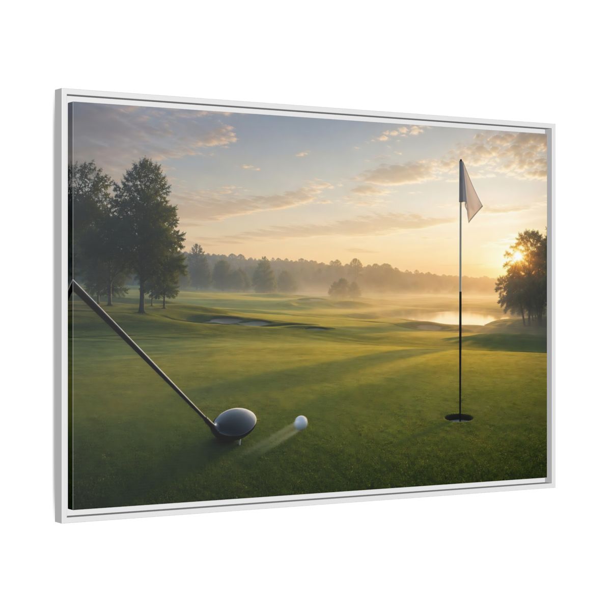 Side Mockup 7. Sports Golf Swing Misty Sunrise Golf shown as framed canvas print