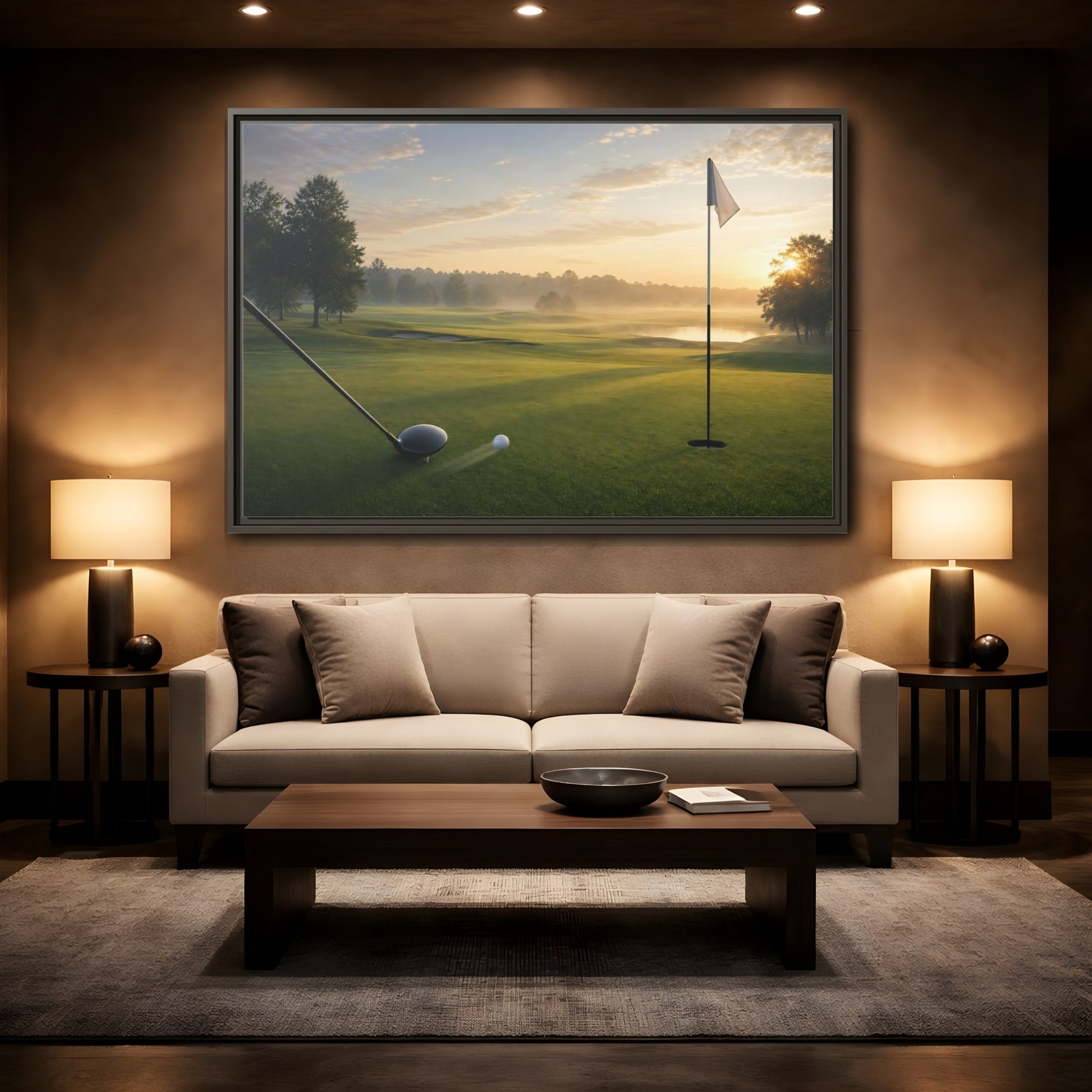 Mockup 2. Sports Golf Swing Misty Sunrise Golf shown as framed canvas print