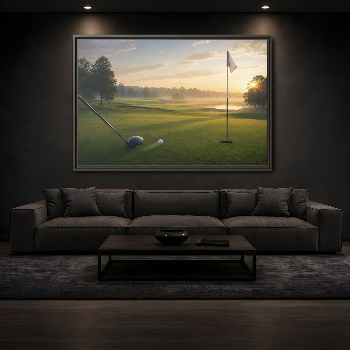 Mockup 3. Sports Golf Swing Misty Sunrise Golf shown as framed canvas print
