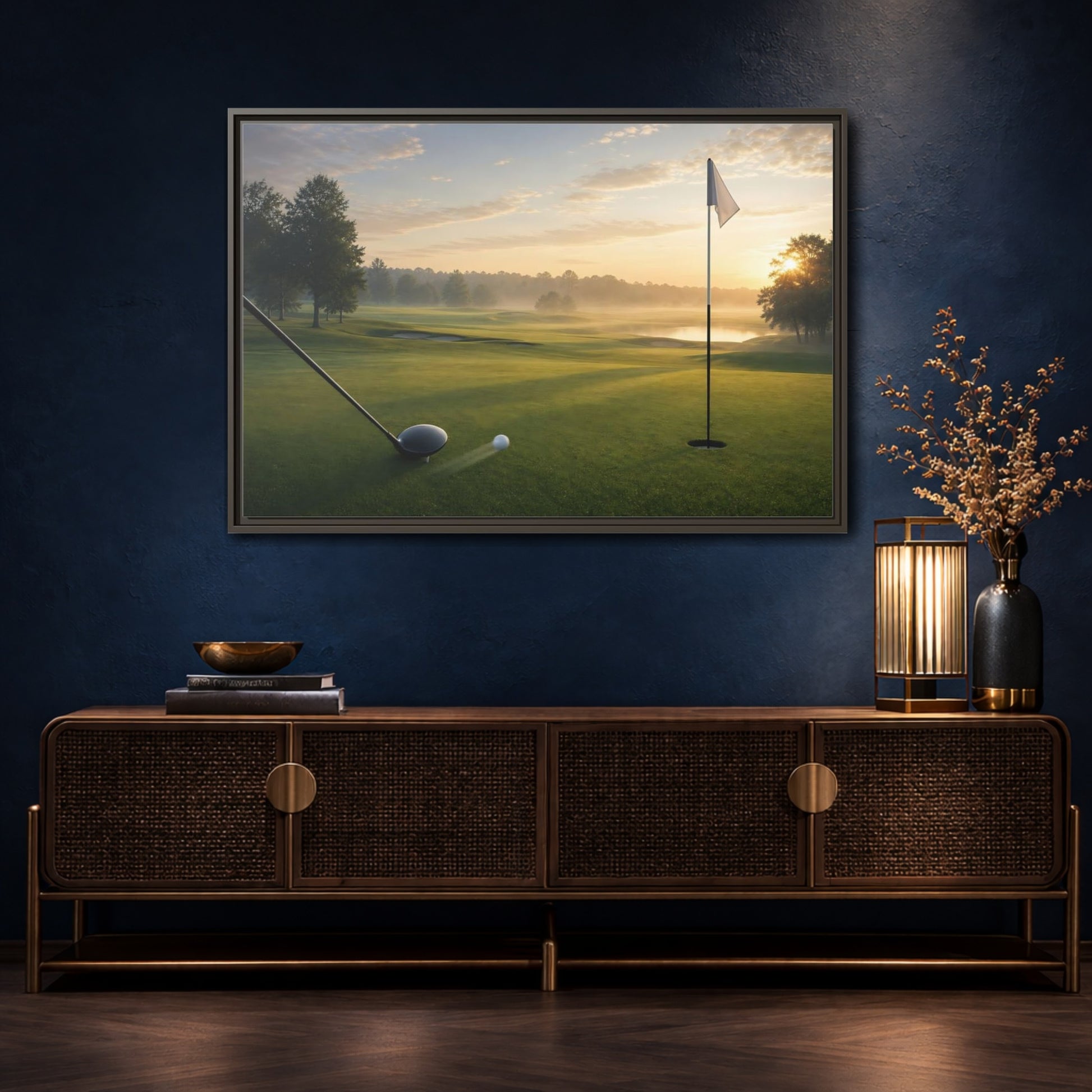 Mockup 4. Sports Golf Swing Misty Sunrise Golf shown as framed canvas print