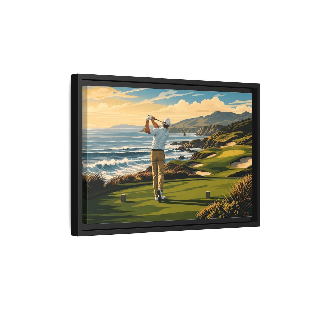 Side Mockup 6. Sports Golfer Coastal Golf Scene shown as framed canvas print