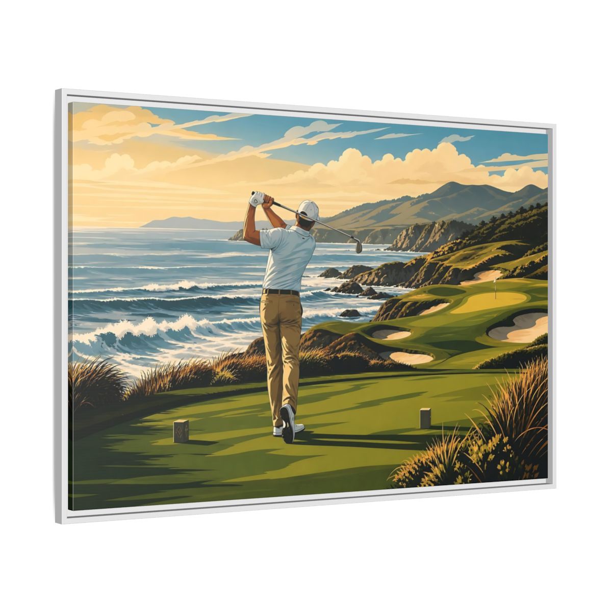 Side Mockup 7. Sports Golfer Coastal Golf Scene shown as framed canvas print
