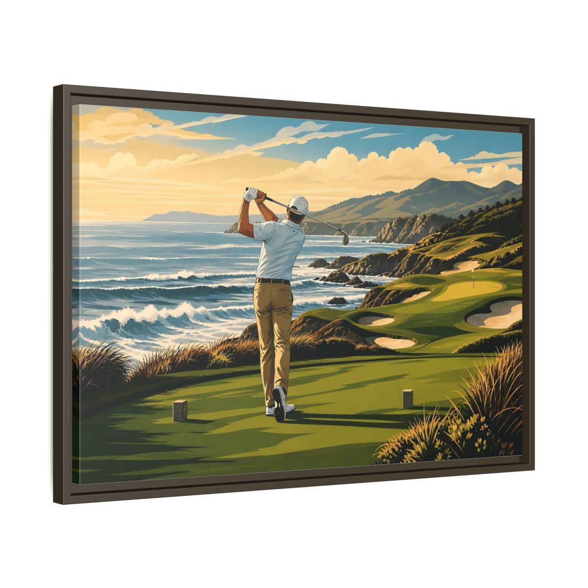 Side Mockup 11. Sports Golfer Coastal Golf Scene shown as framed canvas print