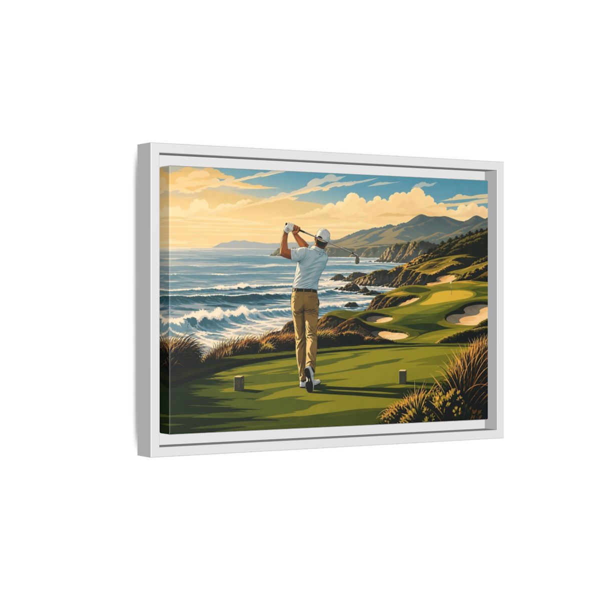 Side Mockup 4. Sports Golfer Coastal Golf Scene shown as framed canvas print