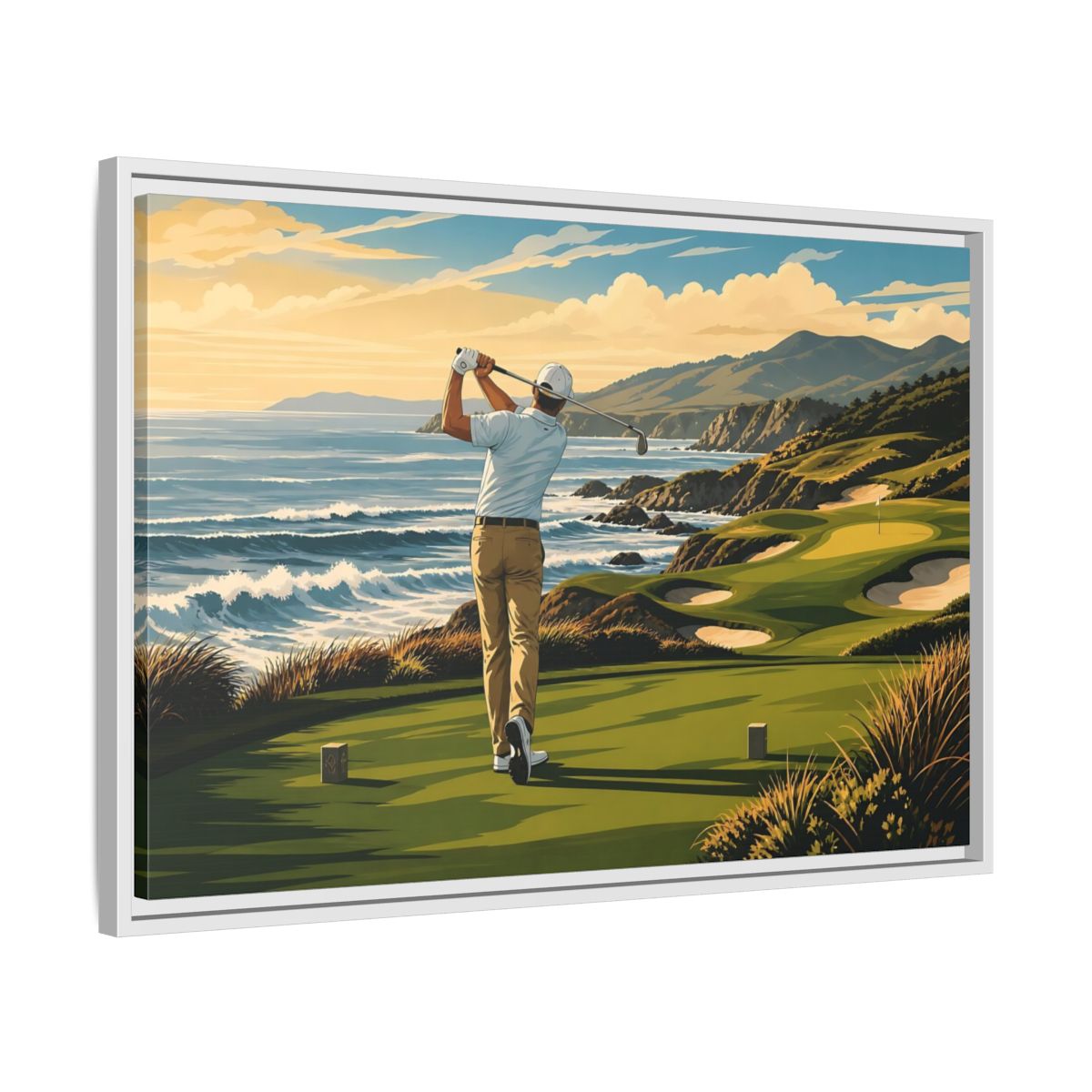Side Mockup 10. Sports Golfer Coastal Golf Scene shown as framed canvas print