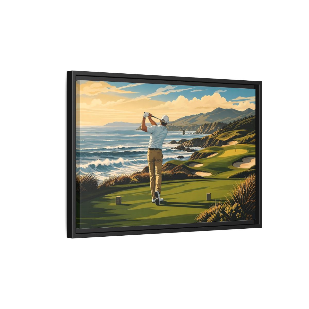 Side Mockup 3. Sports Golfer Coastal Golf Scene shown as framed canvas print