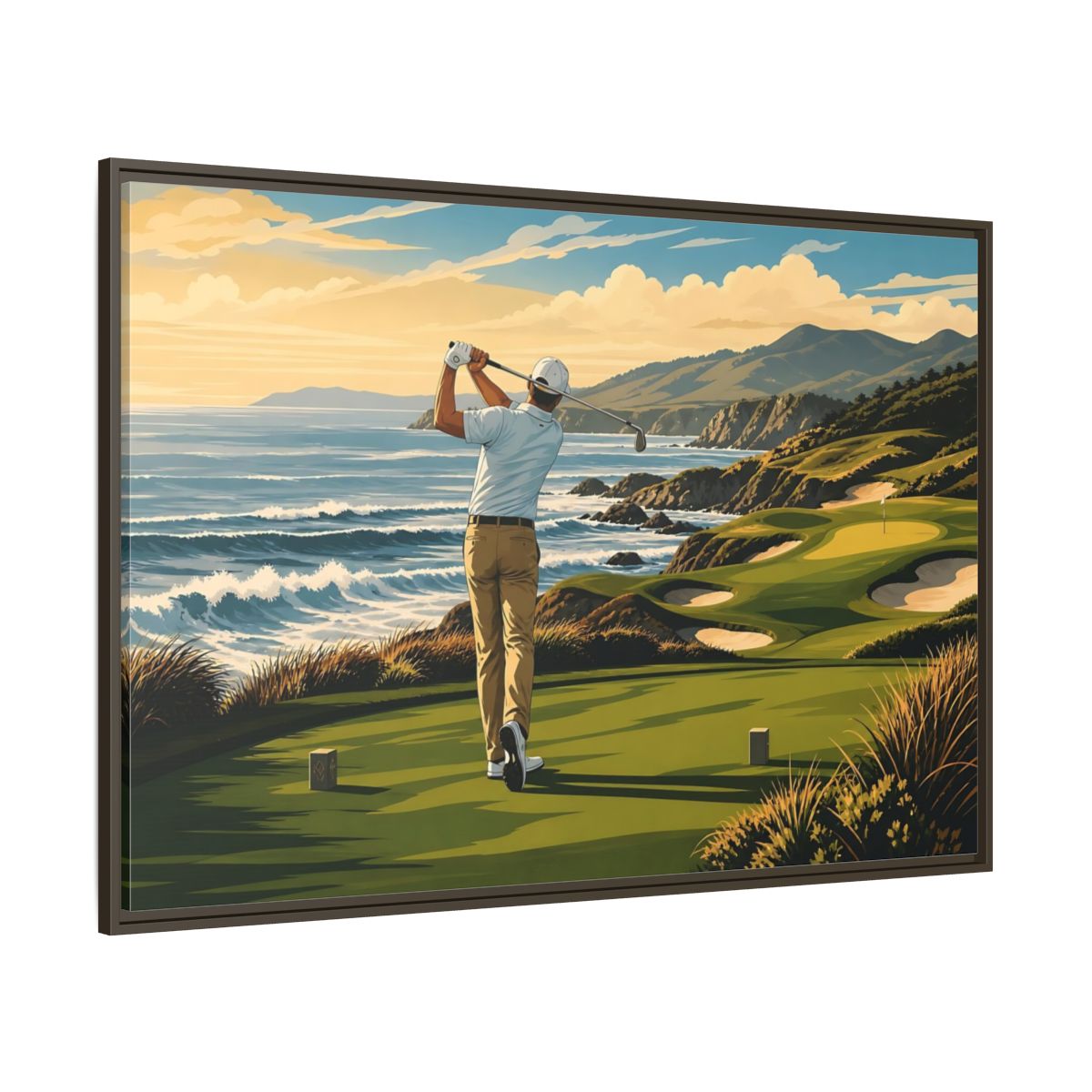 Side Mockup 8. Sports Golfer Coastal Golf Scene shown as framed canvas print