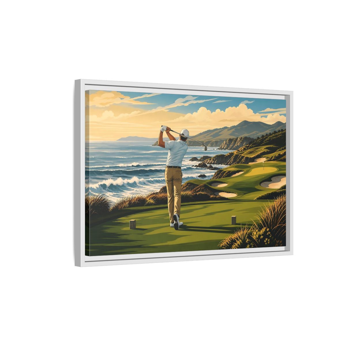 Side Mockup 1. Sports Golfer Coastal Golf Scene shown as framed canvas print