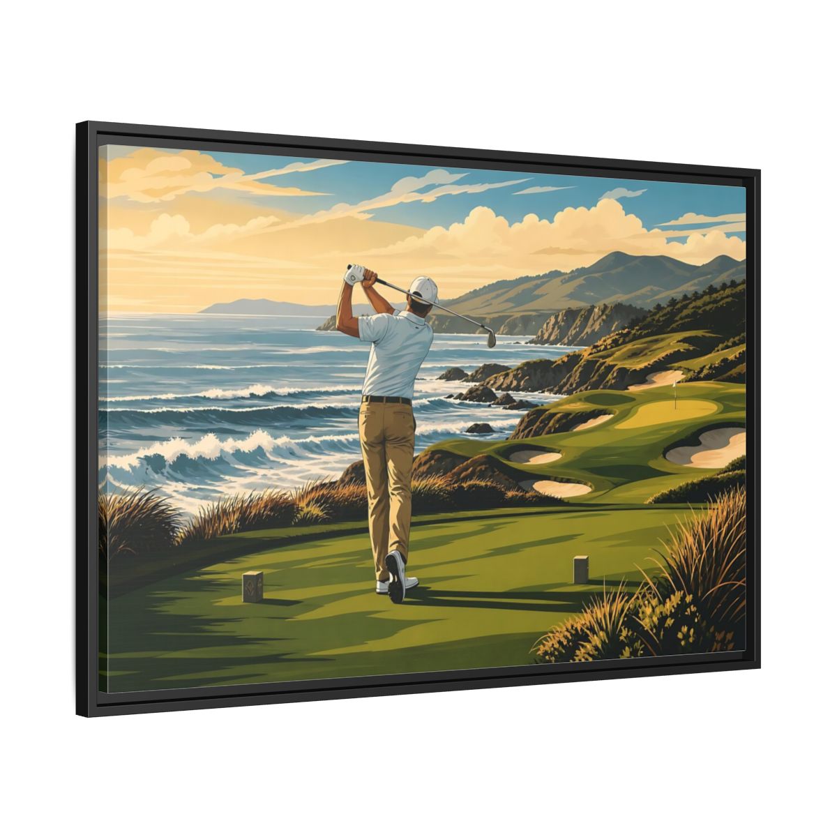 Side Mockup 13. Sports Golfer Coastal Golf Scene shown as framed canvas print