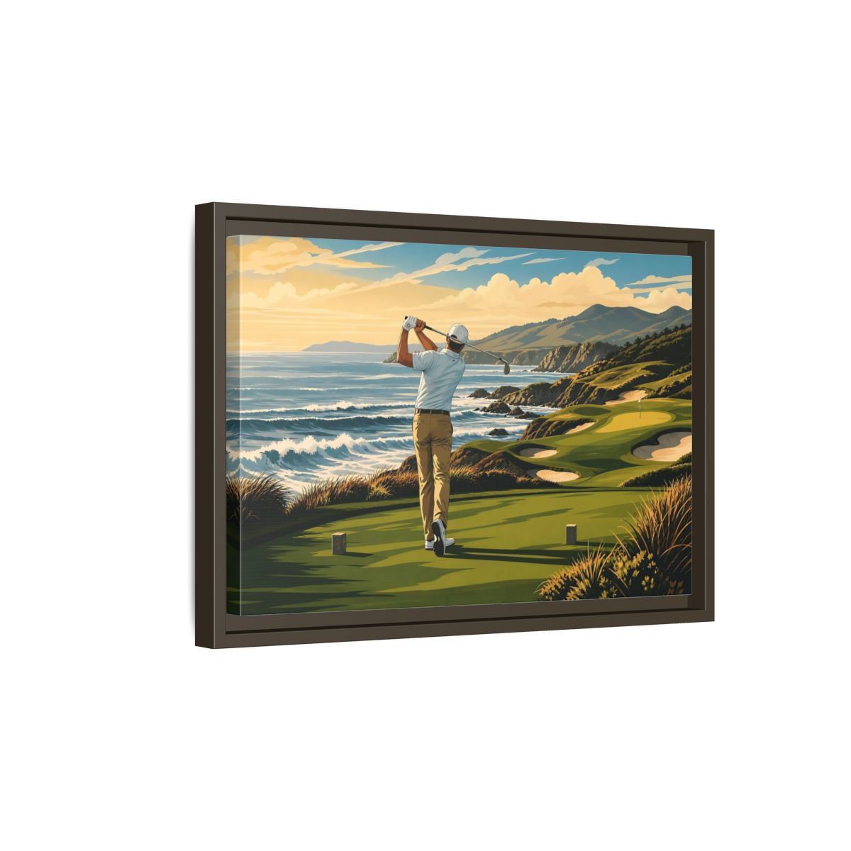 Side Mockup 5. Sports Golfer Coastal Golf Scene shown as framed canvas print