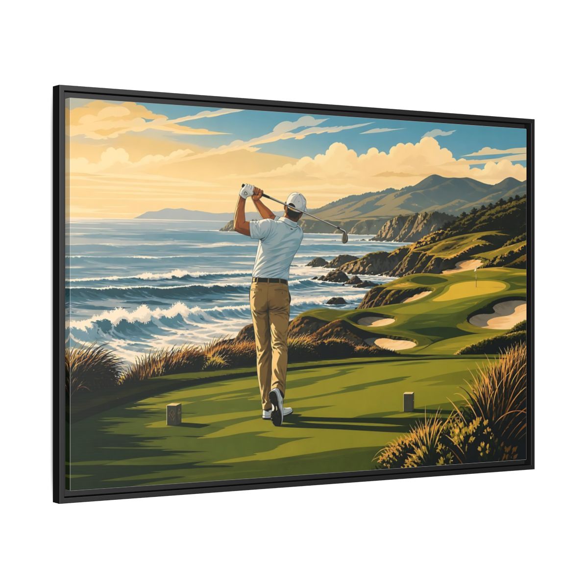 Side Mockup 12. Sports Golfer Coastal Golf Scene shown as framed canvas print