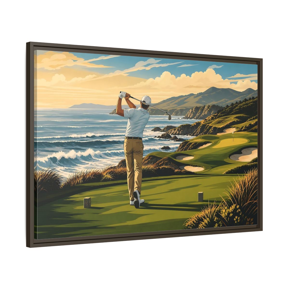 Main Mockup. Sports Golfer Coastal Golf Scene shown as framed canvas print