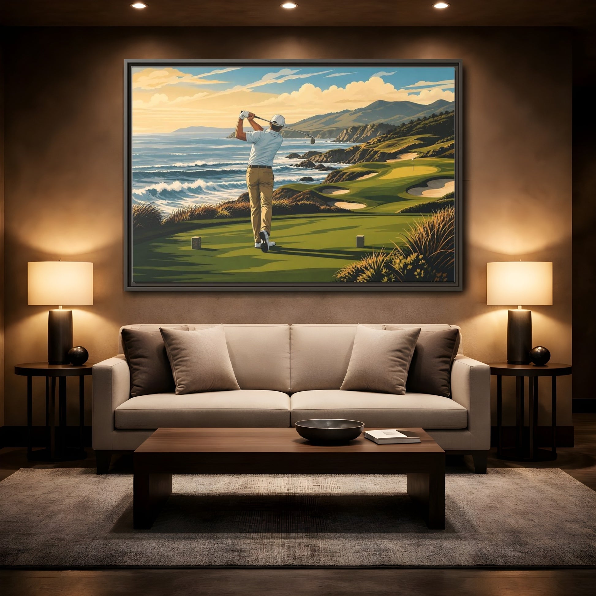 Mockup 2. Sports Golfer Coastal Golf Scene shown as framed canvas print