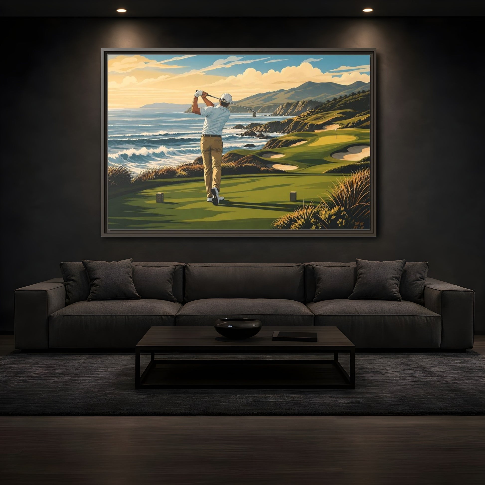 Mockup 3. Sports Golfer Coastal Golf Scene shown as framed canvas print