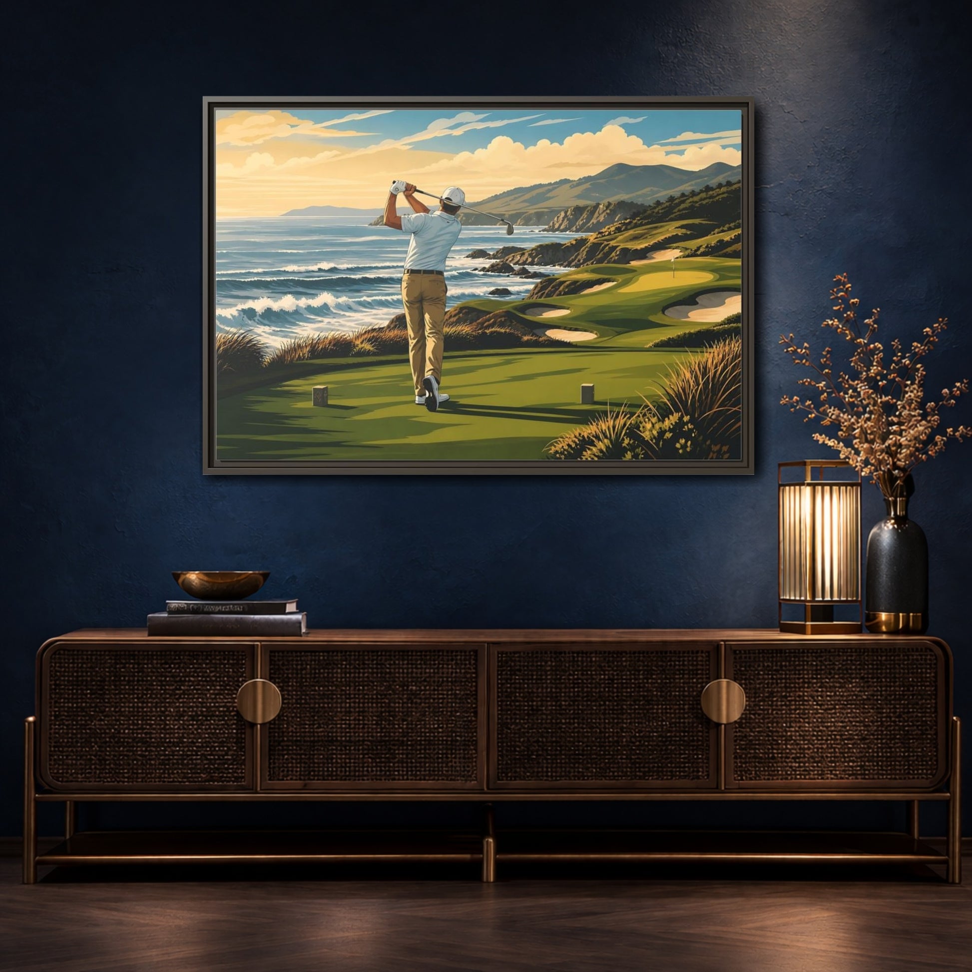 Mockup 4. Sports Golfer Coastal Golf Scene shown as framed canvas print