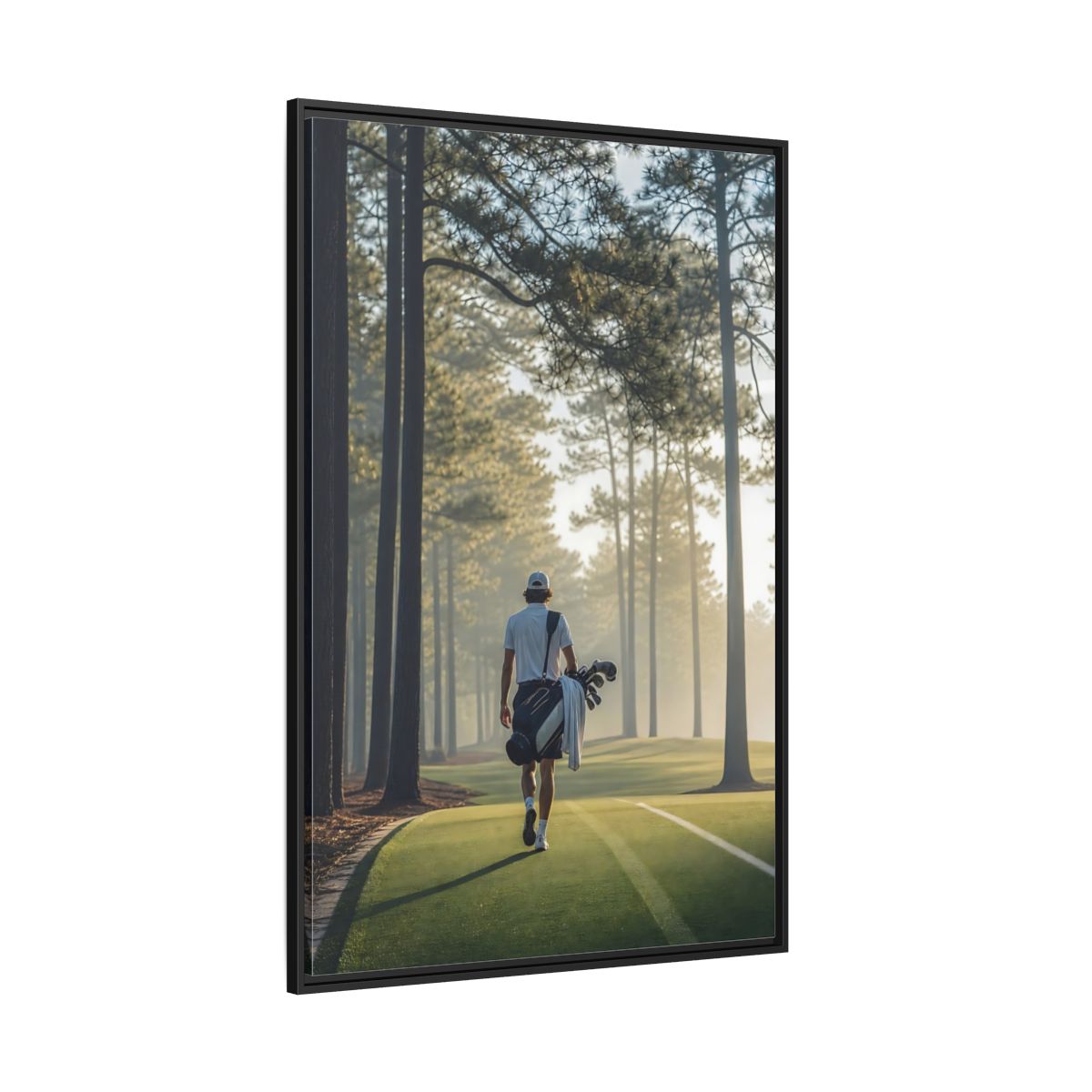 Side Mockup 12. Sports Golfer Misty Golf Course shown as framed canvas print