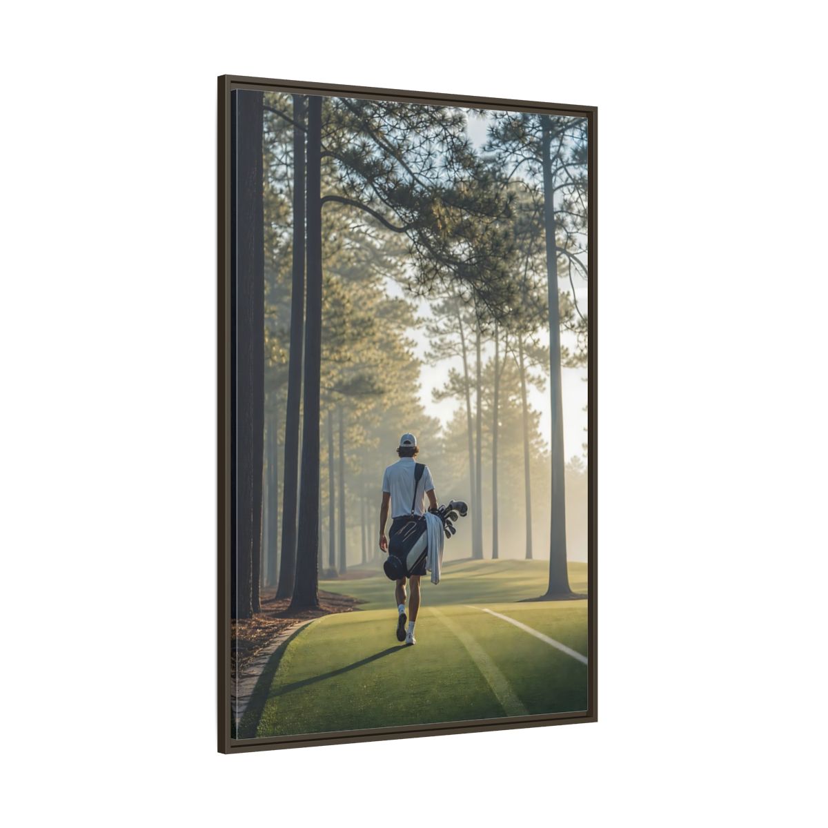 Side Mockup 8. Sports Golfer Misty Golf Course shown as framed canvas print