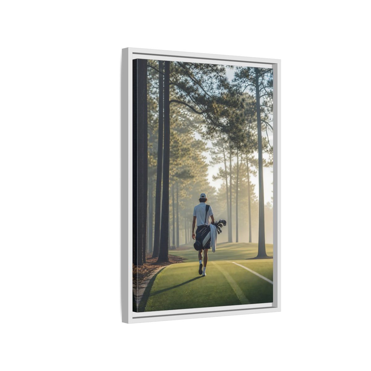 Side Mockup 1. Sports Golfer Misty Golf Course shown as framed canvas print