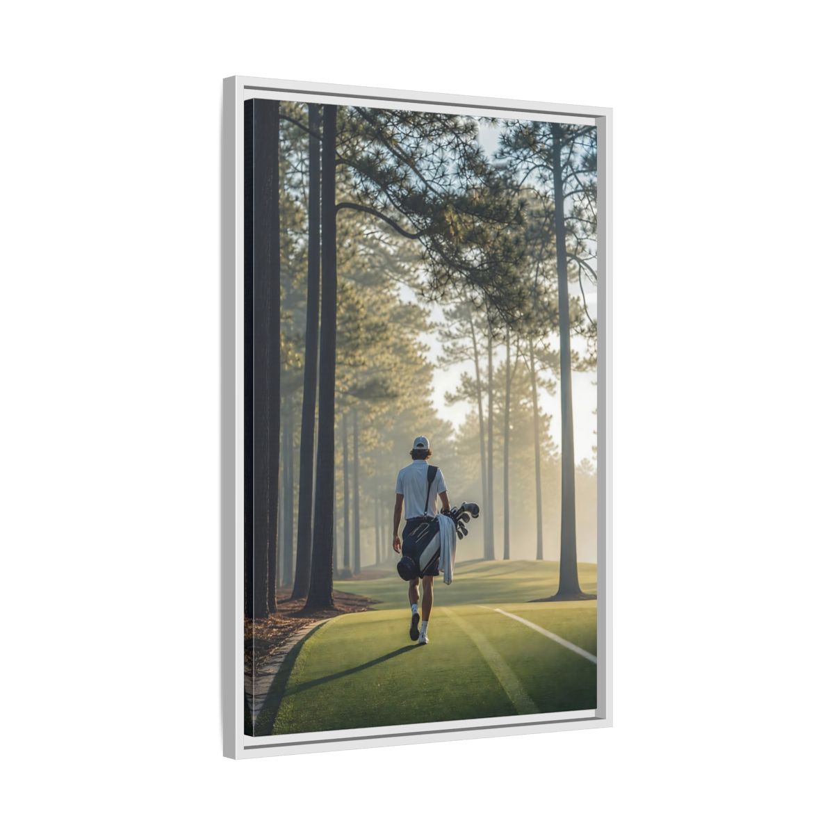 Side Mockup 10. Sports Golfer Misty Golf Course shown as framed canvas print