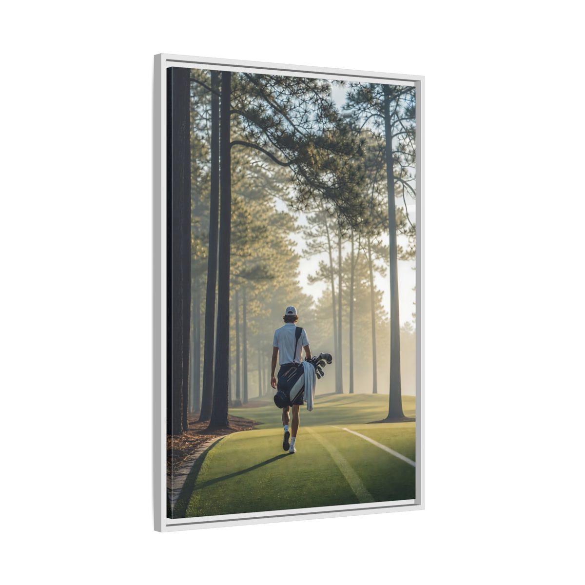 Side Mockup 9. Sports Golfer Misty Golf Course shown as framed canvas print