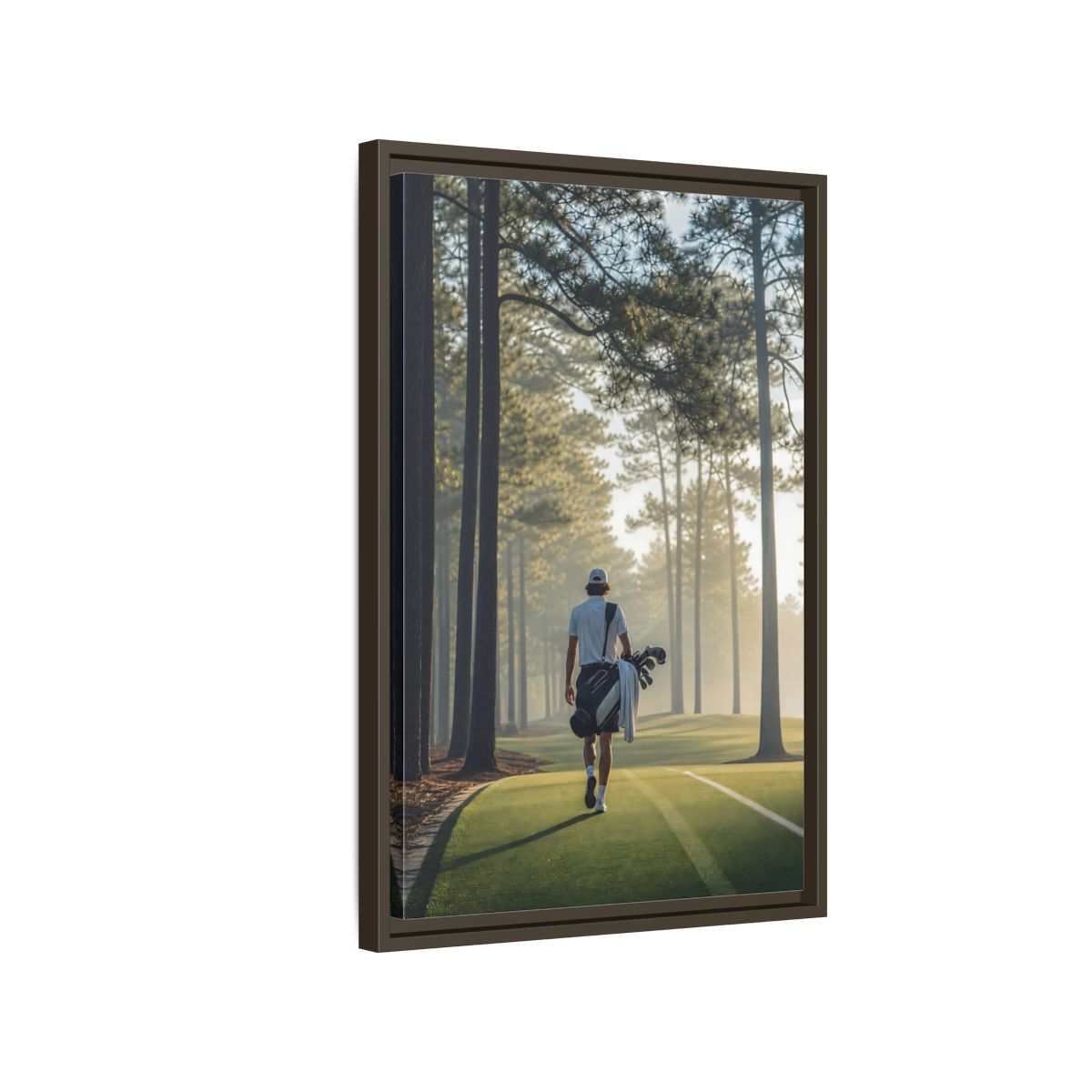 Side Mockup 2. Sports Golfer Misty Golf Course shown as framed canvas print