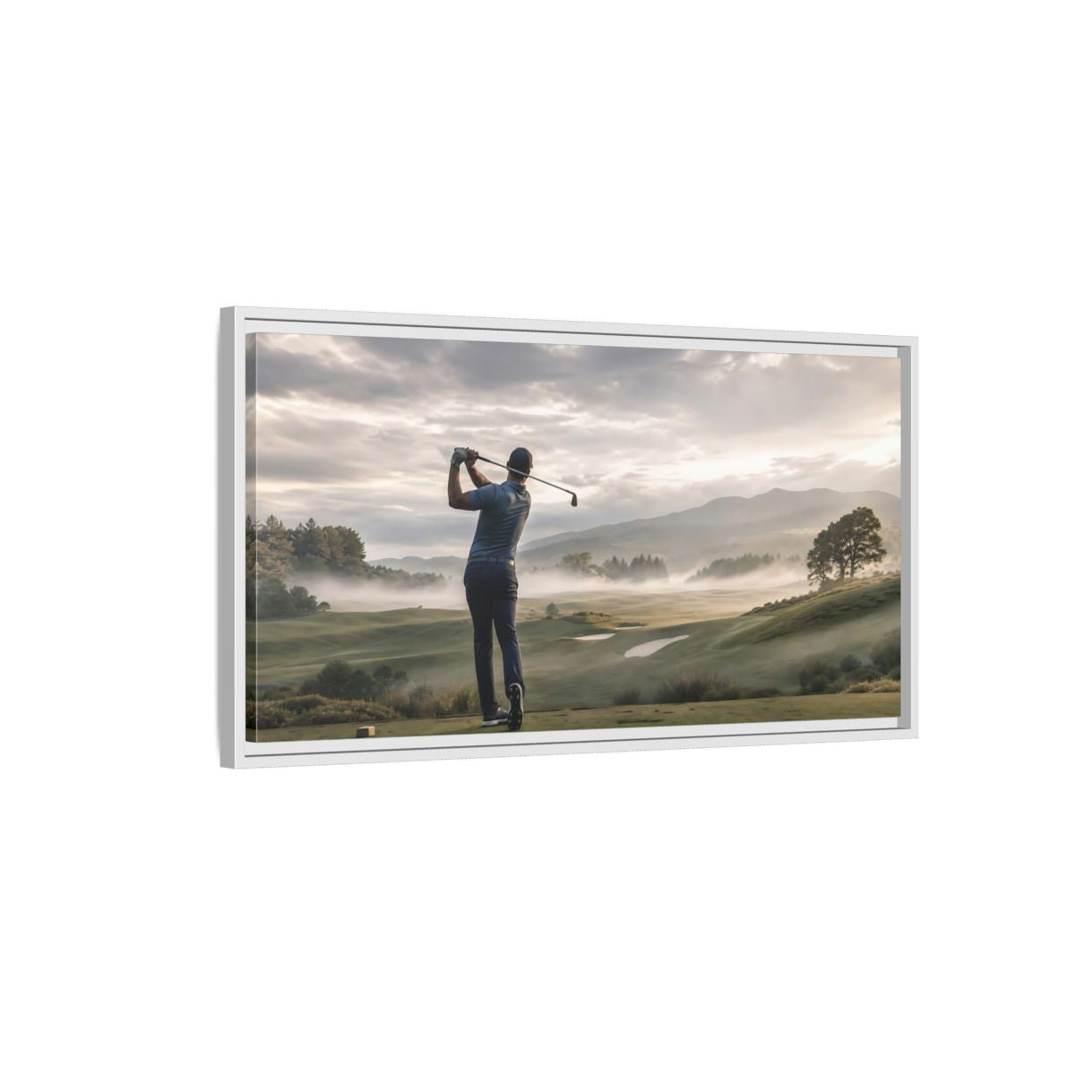 Side Mockup 1. Sports Golfer Misty Golf Course shown as framed canvas print