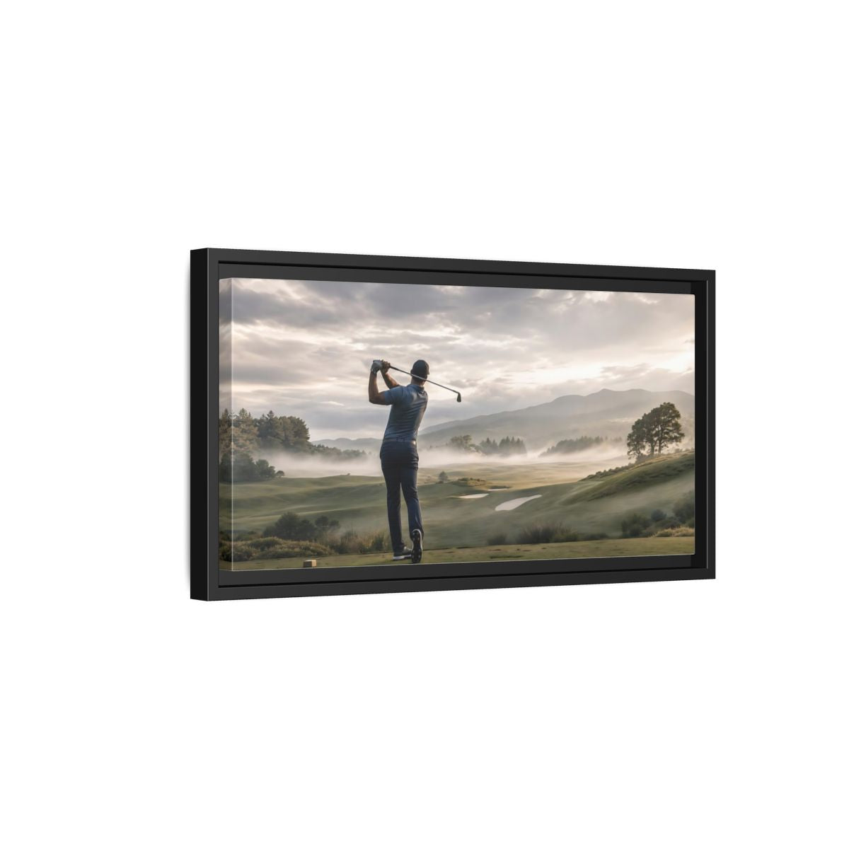 Side Mockup 8. Sports Golfer Misty Golf Course shown as framed canvas print