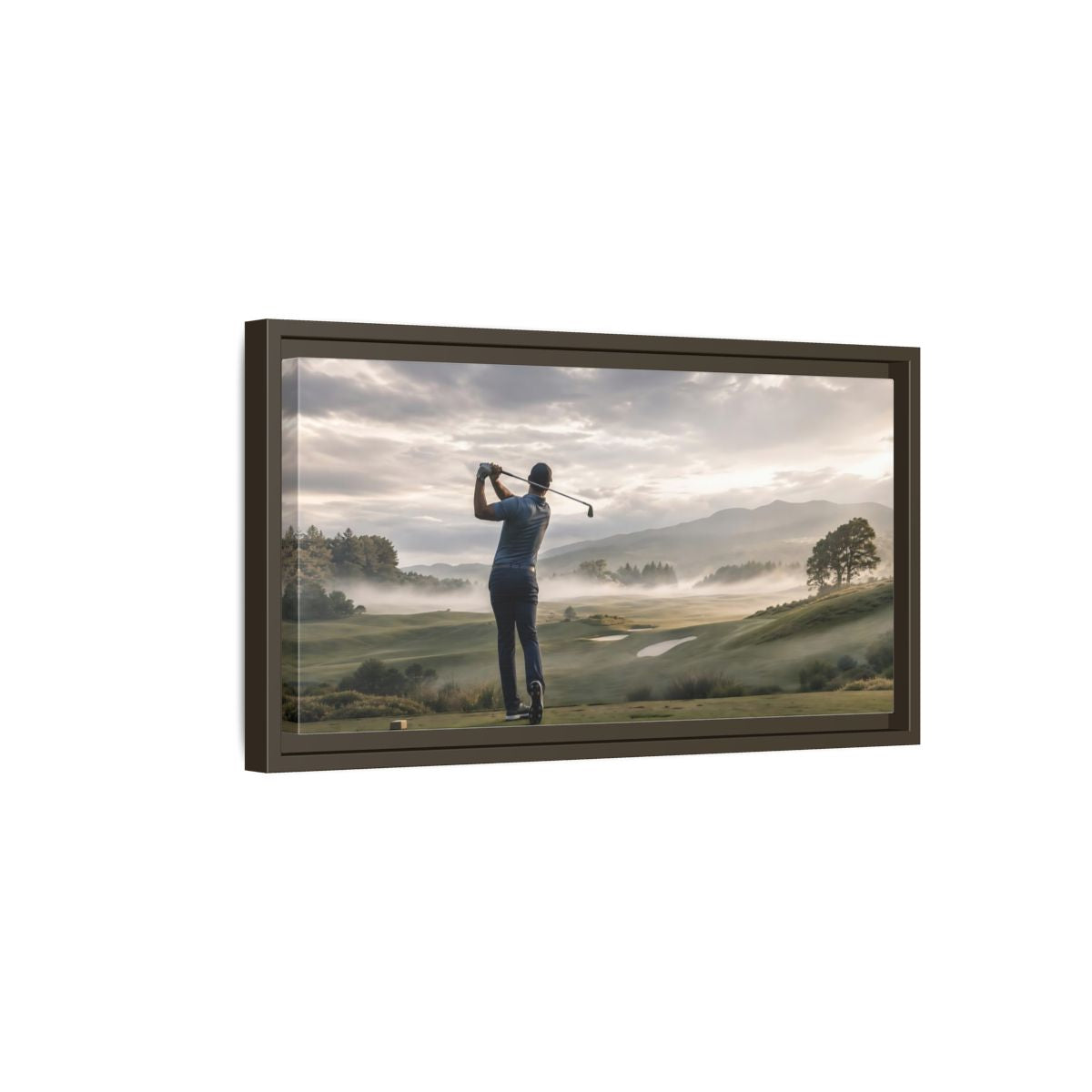 Side Mockup 7. Sports Golfer Misty Golf Course shown as framed canvas print