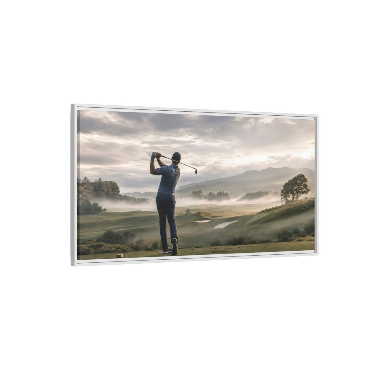 Side Mockup 3. Sports Golfer Misty Golf Course shown as framed canvas print