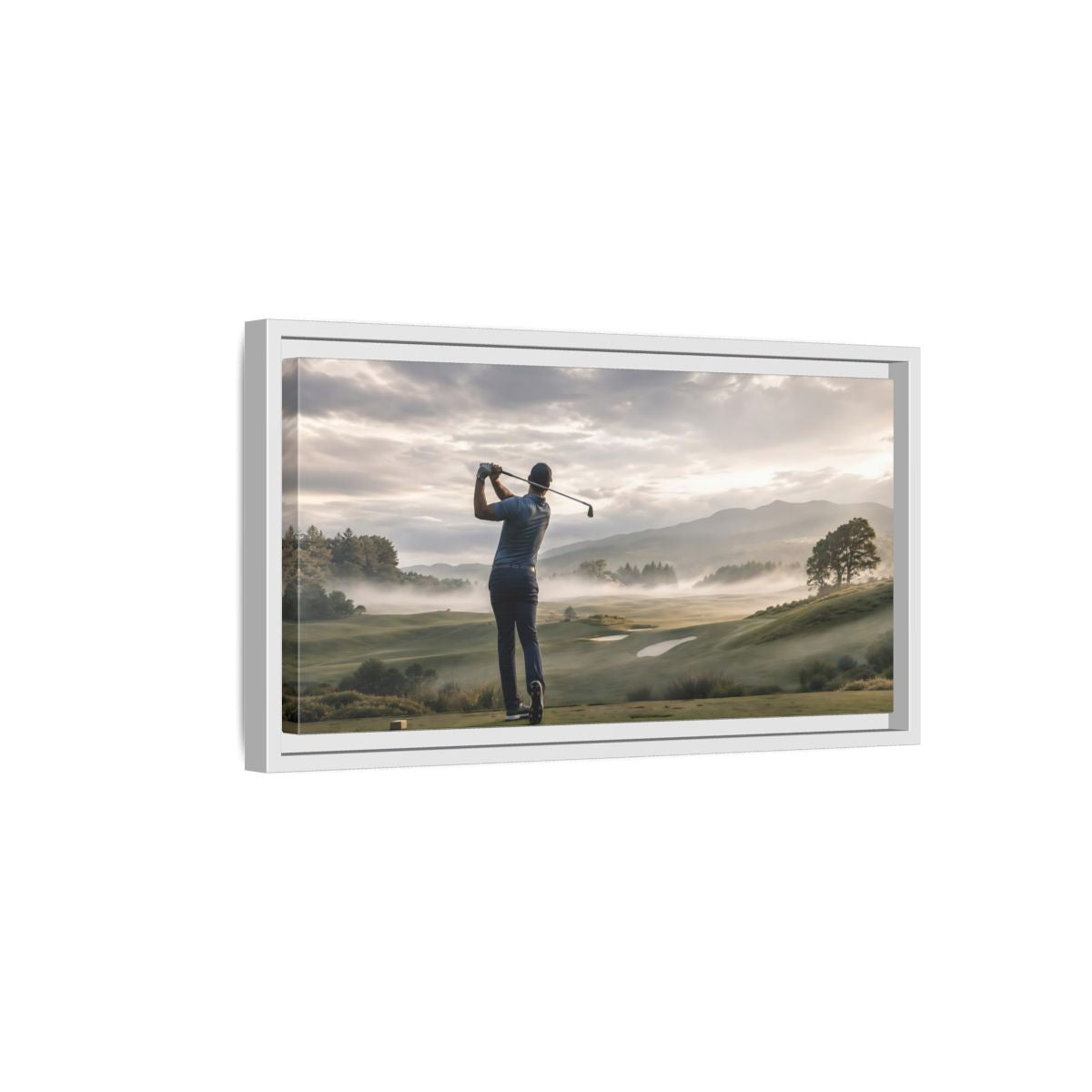 Side Mockup 6. Sports Golfer Misty Golf Course shown as framed canvas print