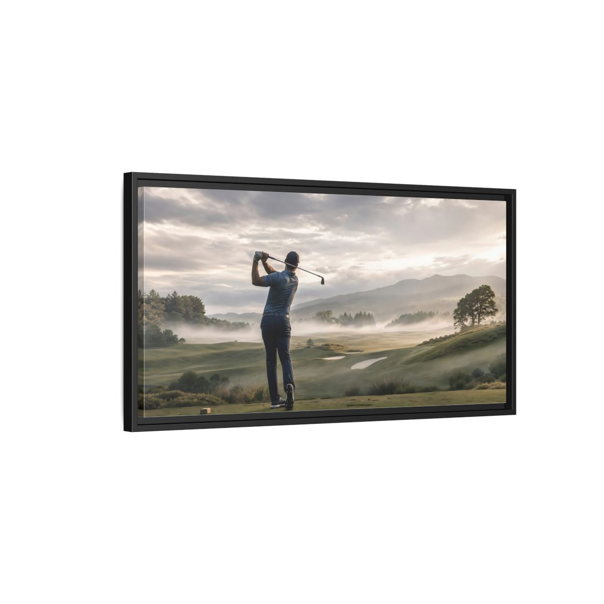 Side Mockup 2. Sports Golfer Misty Golf Course shown as framed canvas print