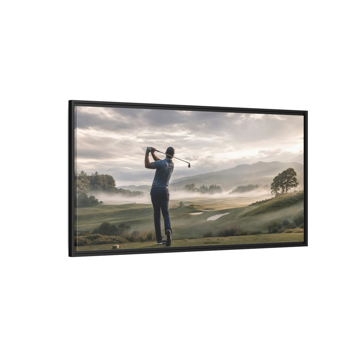 Side Mockup 5. Sports Golfer Misty Golf Course shown as framed canvas print