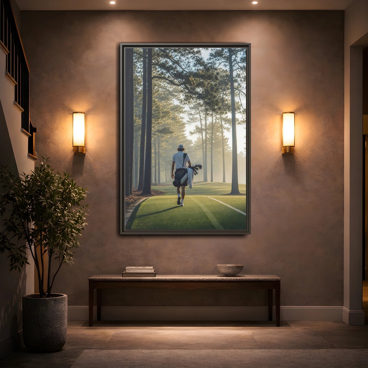 Mockup 2. Sports Golfer Misty Golf Course shown as framed canvas print